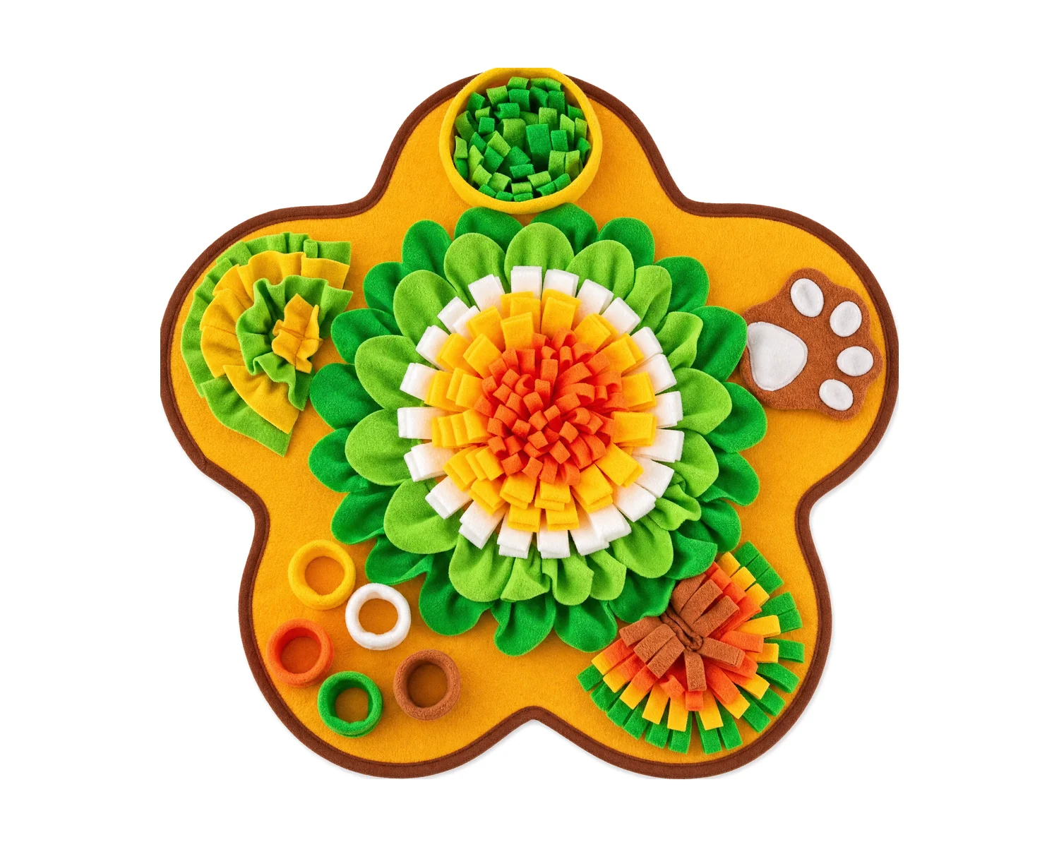 Pootbloem Snuffelmat Oranje, pootvormige mat met bloempatroon in oranje en groen