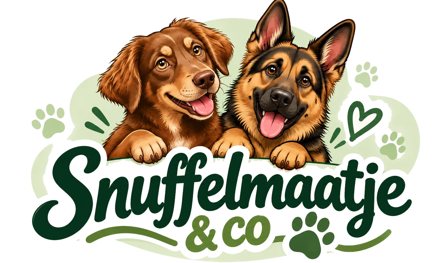 Logo Snuffelmaatje & co met bruine hond en Duitse herder