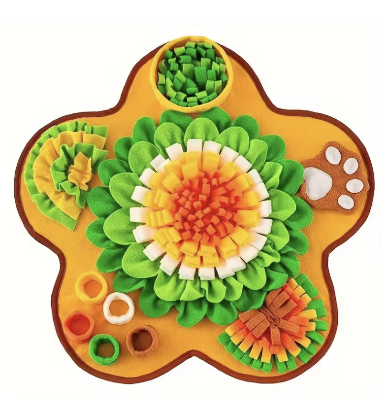 Pootbloem Snuffelmat Oranje, pootvormige mat met bloempatroon in oranje en groen